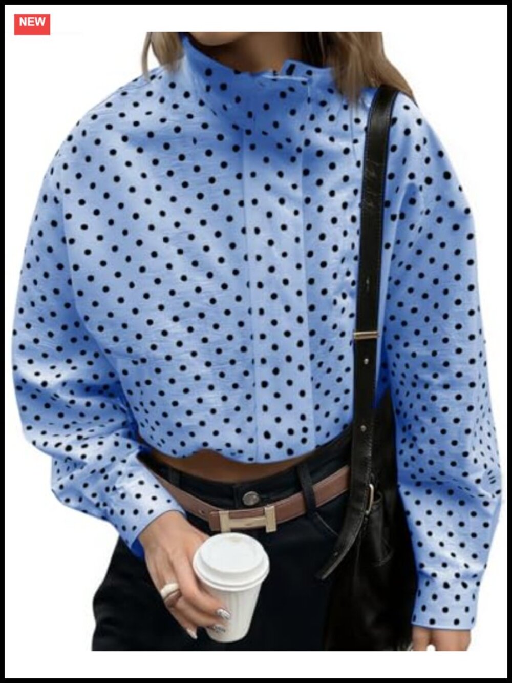Tankaneo Polka Dot Zip Up Cropped Jacket Oversized Casual Women's